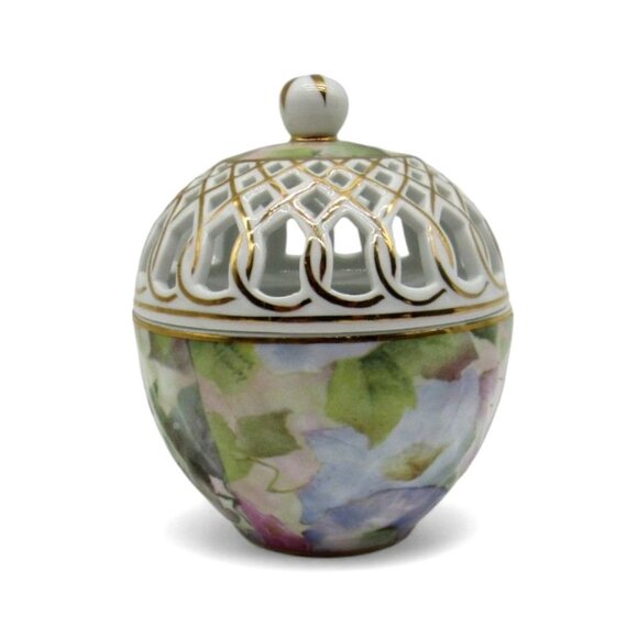 SKYE MCGHIE Morning Glory Floral Trinket Box Sugar Cube Bowl with Lattice Lid - Picture 1 of 10